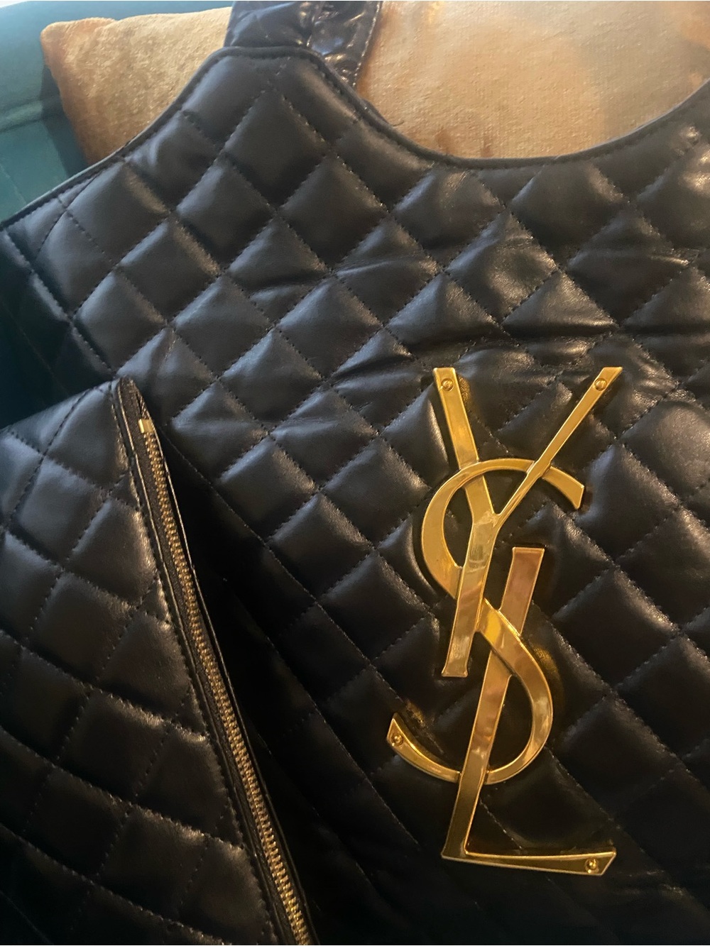 Yves Saint Laurent Black Quilted Tote with Gold YSL Emblem